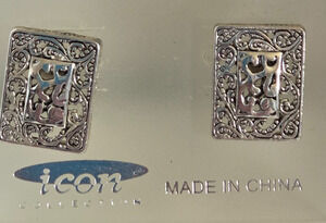 iCon Collection Silver Tone Filigree Rectangle Stud Earrings New #EA8